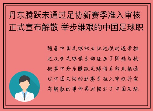 丹东腾跃未通过足协新赛季准入审核正式宣布解散 举步维艰的中国足球职业化困境再现